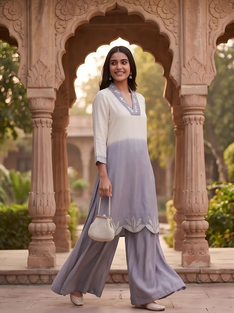 Off-White and Grey Ombre Embroidered Silk Straight Kurta Palazzo Set