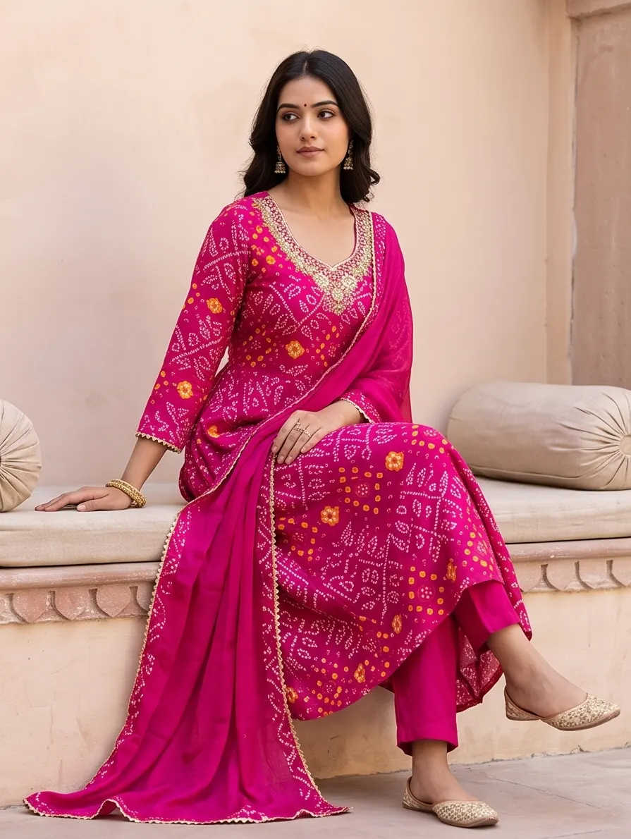 Rani Pink Bandhani Print Zari Embroidered Anarkali Kurta Pant Set with Dupatta