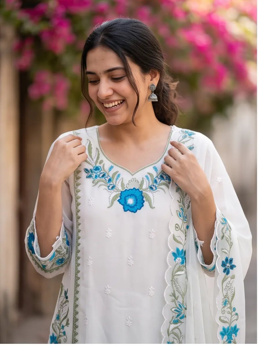 White and Teal Blue Floral Embroidered Cotton Straight Kurta Pant Set with Scalloped Dupatta