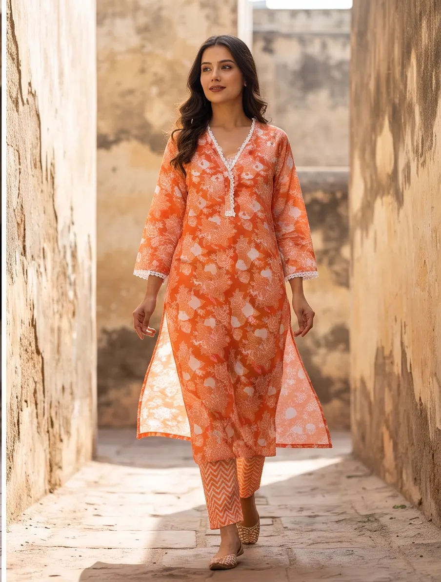 Bright Orange Floral Print Cotton V-Neck Straight Kurta and Chevron Pant Set with Lace Trim