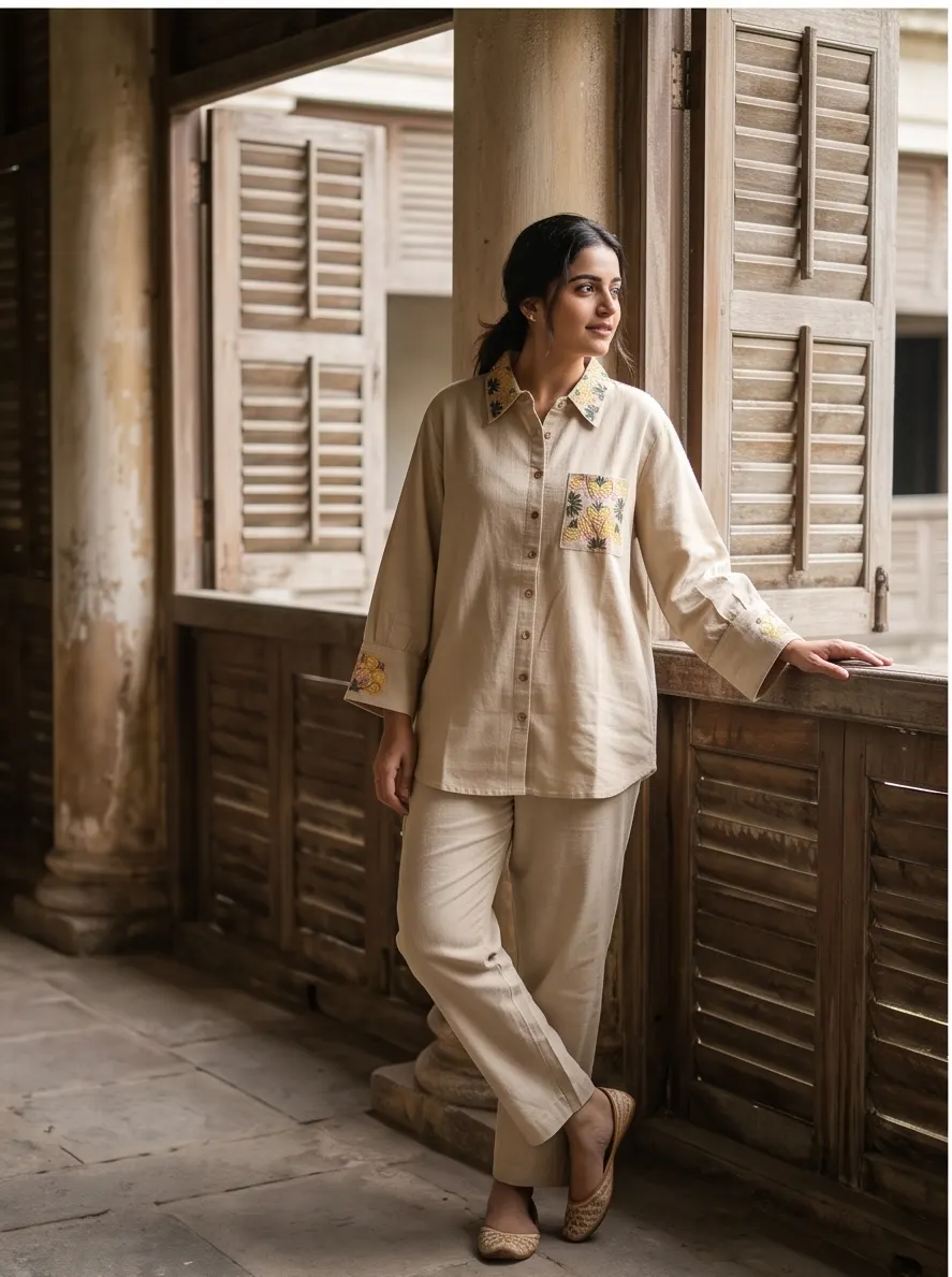 Beige Floral Thread Embroidered Cotton Shirt Collar Tunic and Pant Co-ord Set