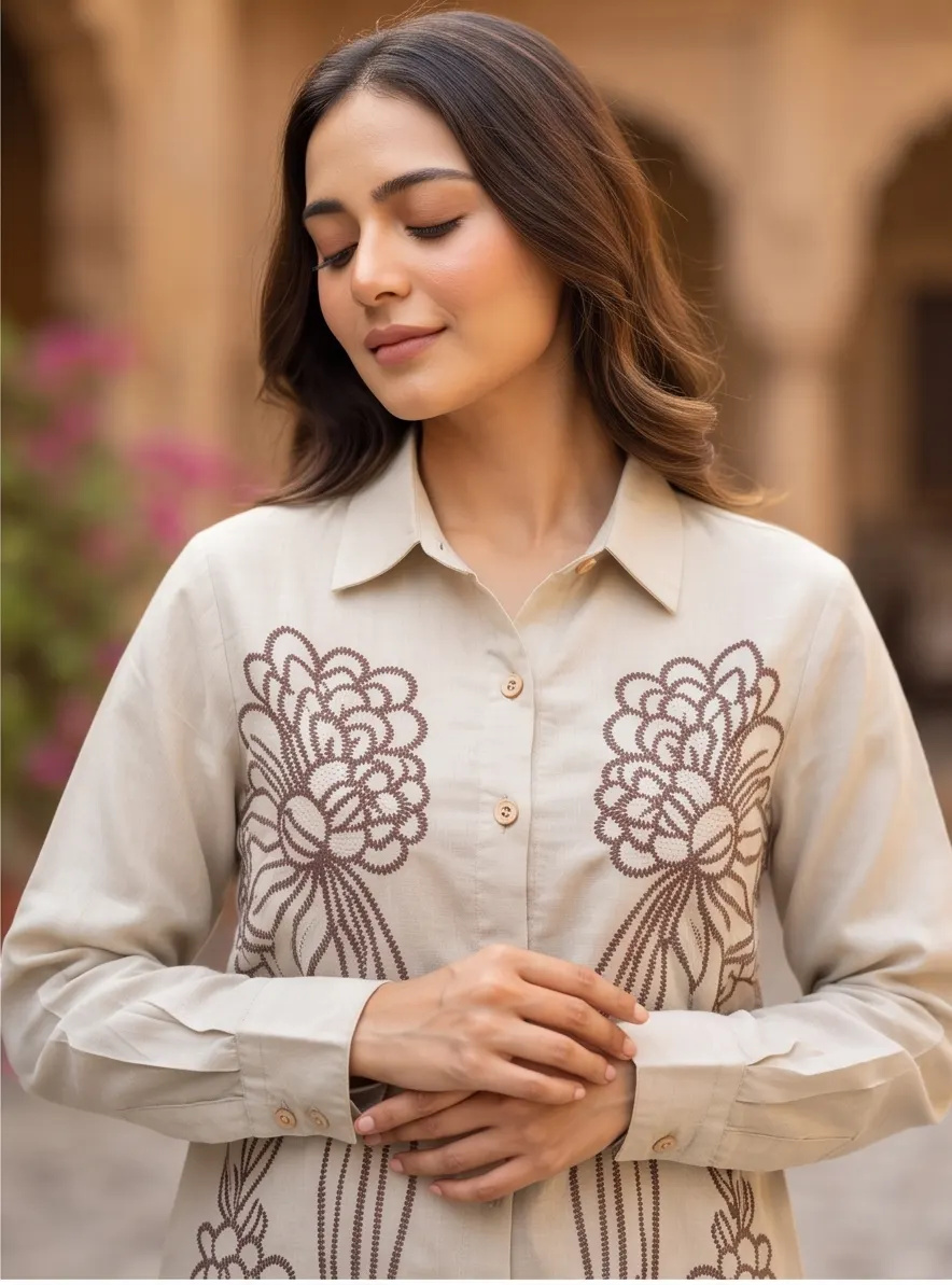 Beige Floral Thread Embroidered Cotton Shirt Collar Tunic and Pant Co-ord Set