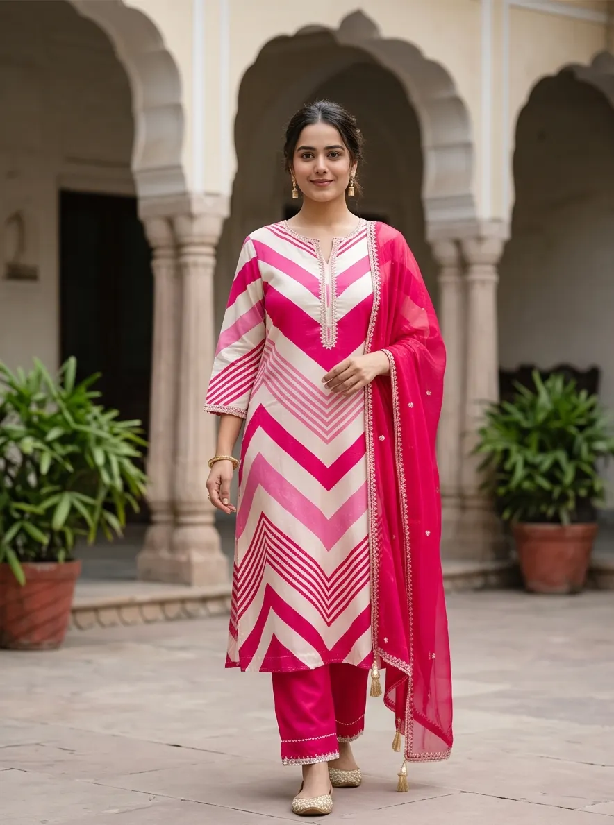 Fuchsia Pink and Off-White Chevron Leheriya Print Silk Kurta Pant Set with Dupatta
