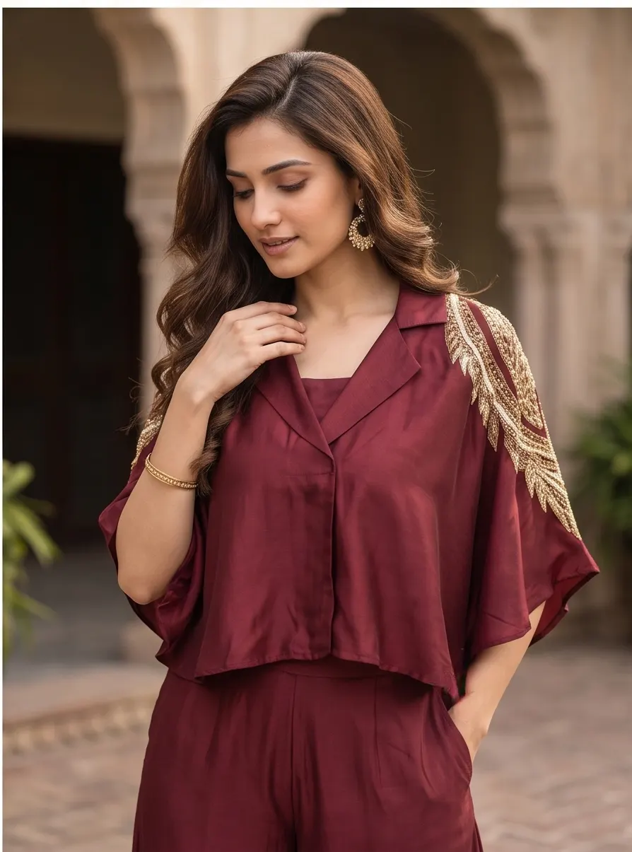 Wine Red Zari Shoulder Embroidered Silk Lapel Crop Top and Flared Palazzo Co-ord Set