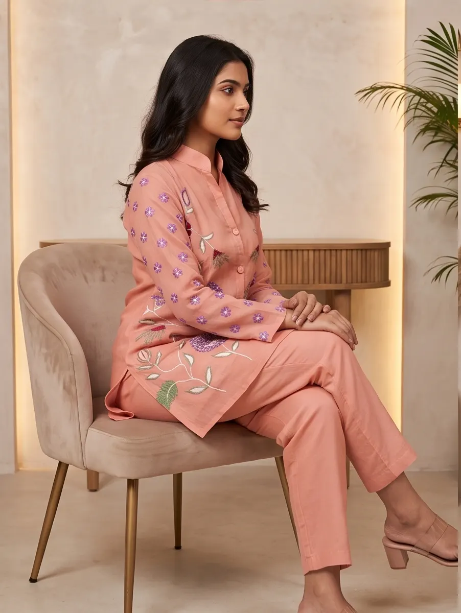 Peach Floral Thread Embroidered Silk Blend Shirt Collar Tunic and Pant Co-ord Set
