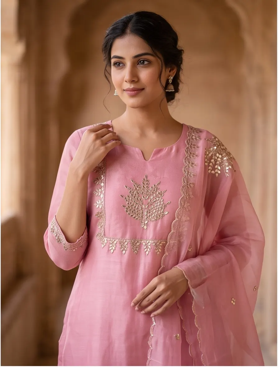 Blush Pink Tree Motif Zari Embroidered Chanderi Silk Straight Kurta Pant Set with Scalloped Organza Dupatta