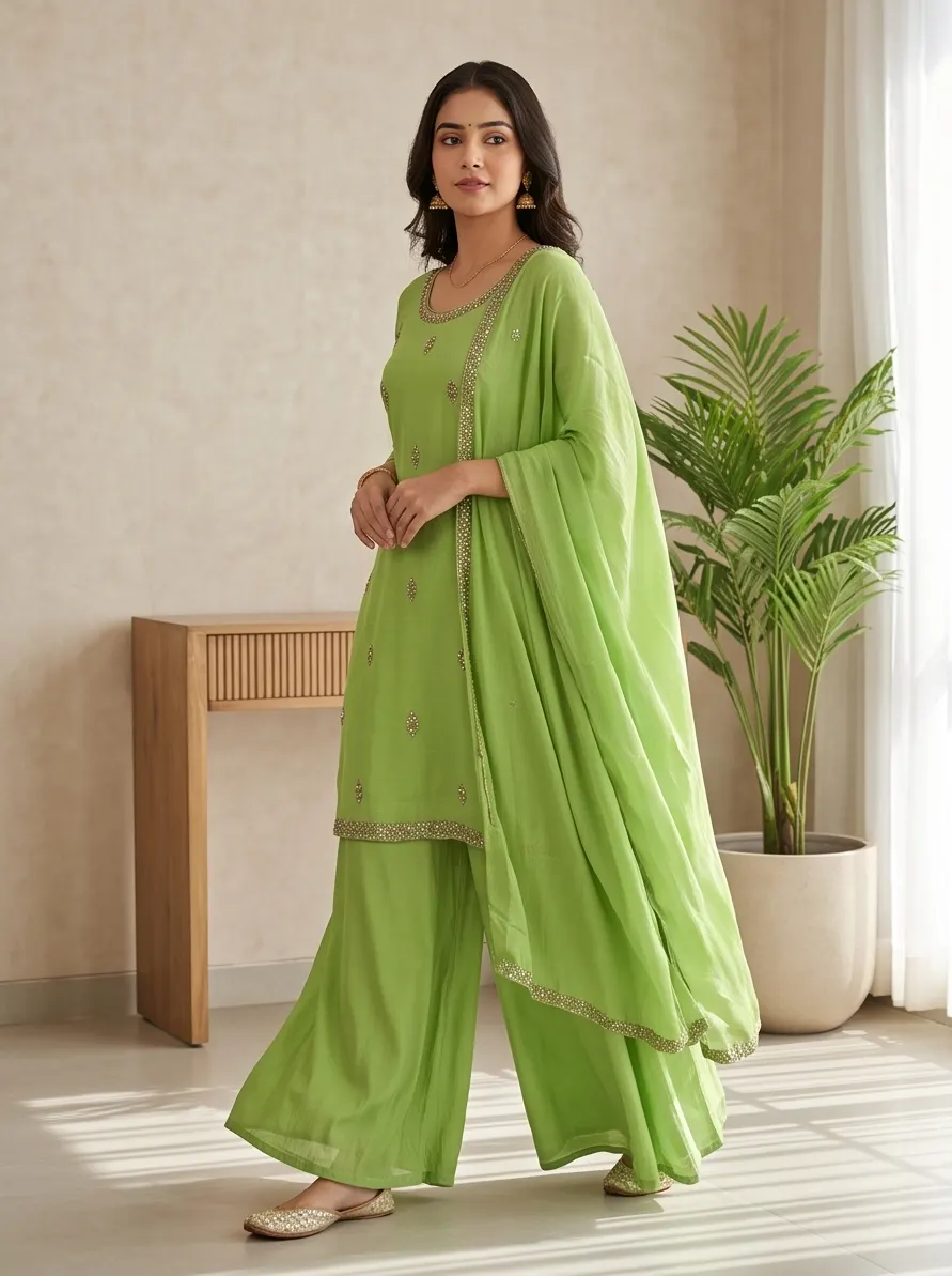 Light Green Muted Zari Embroidered Silk Straight Kurta Palazzo Set with Dupatta