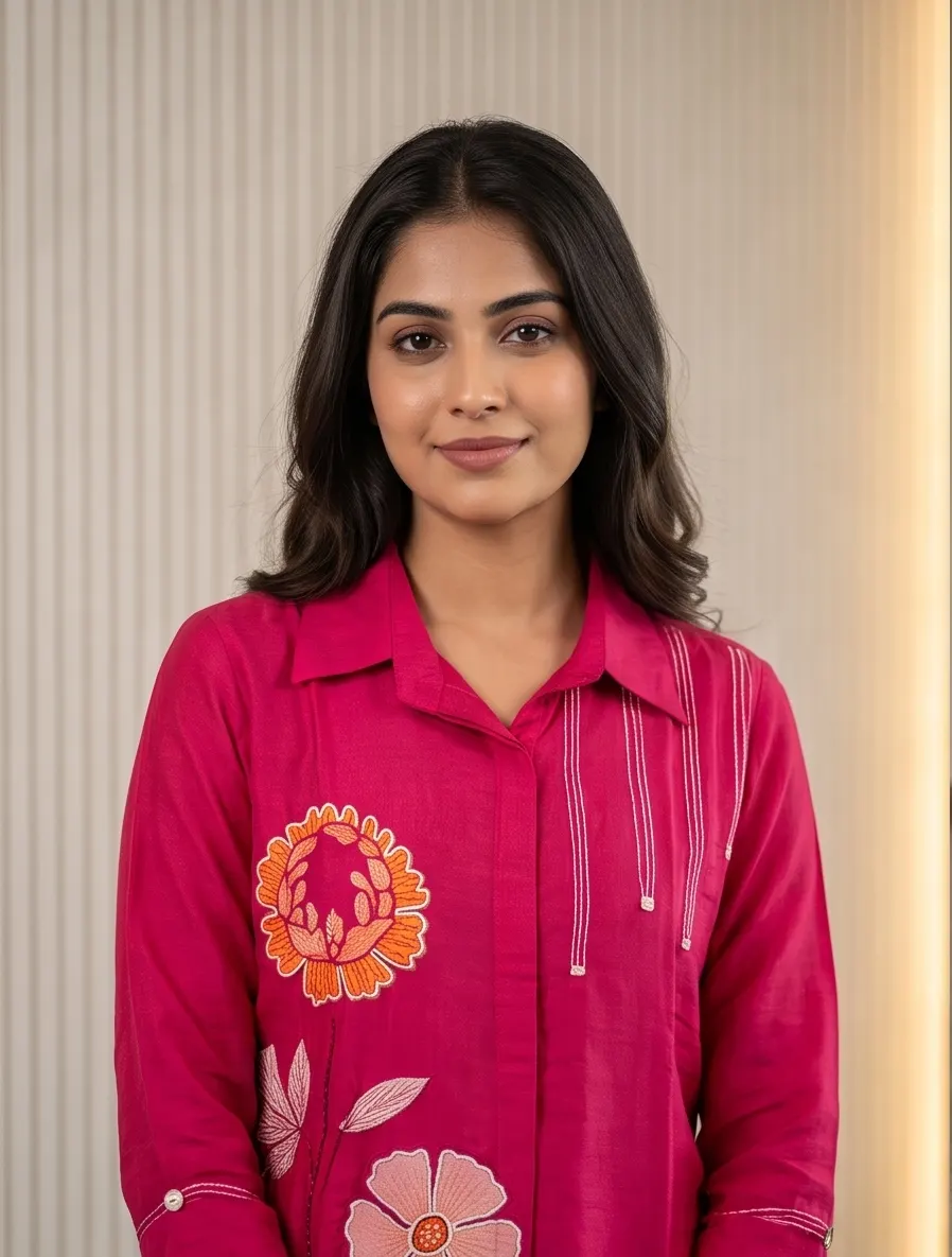 Rani Pink Floral Patch Embroidered Silk Blend Collar Tunic and Pant Co-ord Set