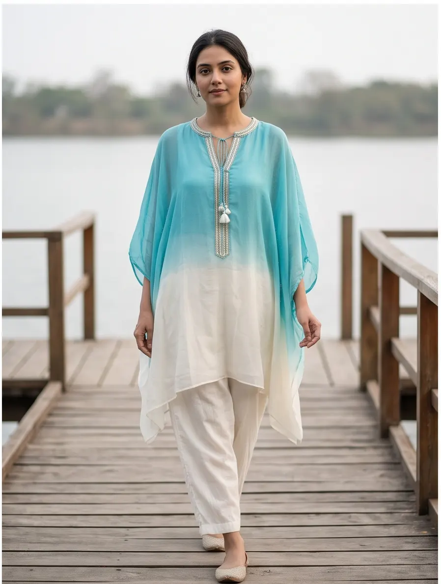 Sky Blue and White Ombre Gota Patti Embroidered Georgette Kaftan Tunic and Pant Co-ord Set