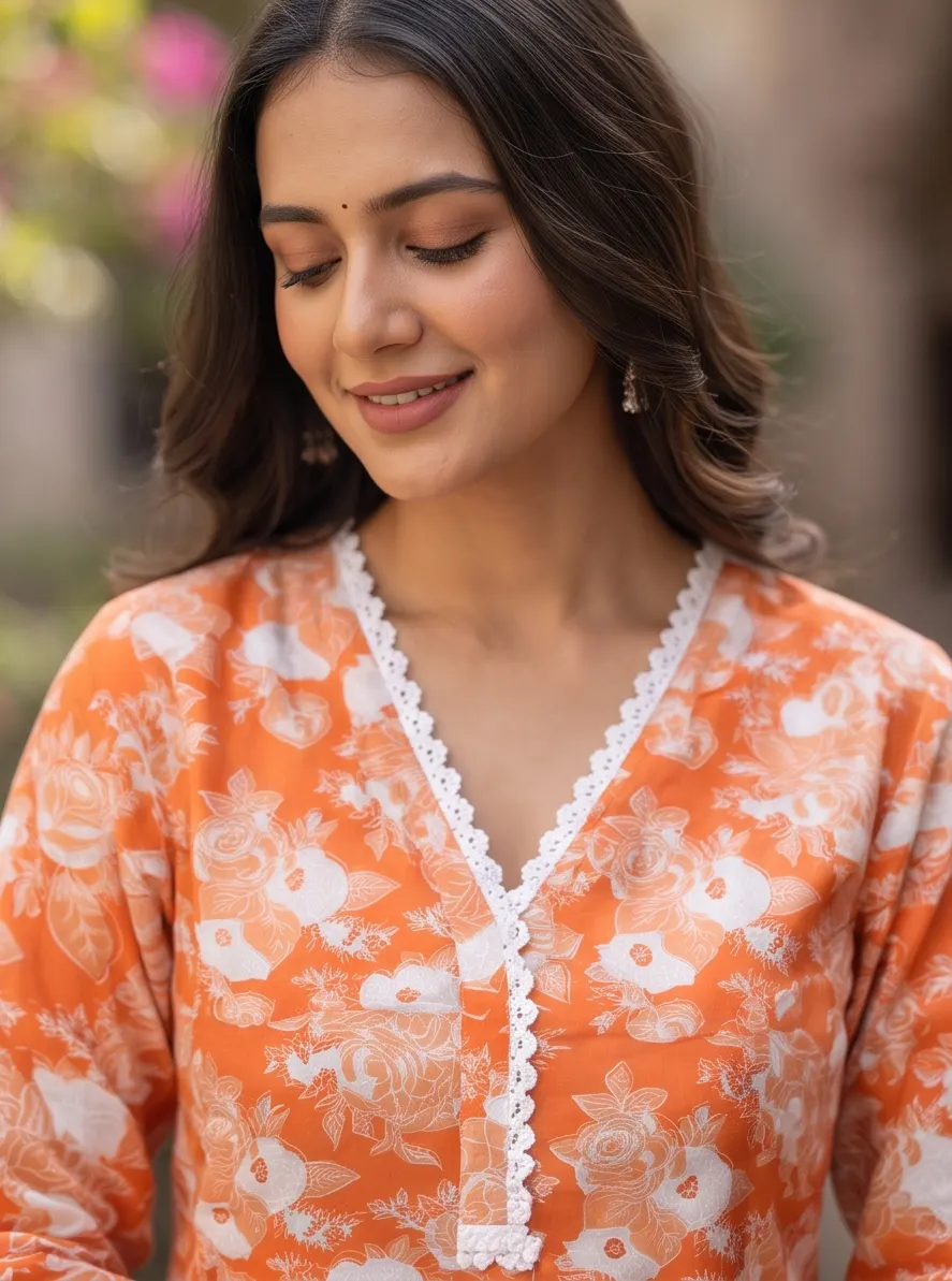 Bright Orange Floral Print Cotton V-Neck Straight Kurta and Chevron Pant Set with Lace Trim