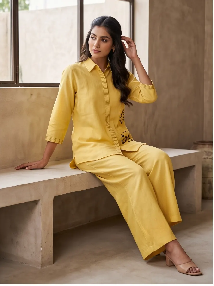Yellow Cutwork Embroidered Cotton Shirt Collar Tunic and Wide Leg Pant Co-ord Set