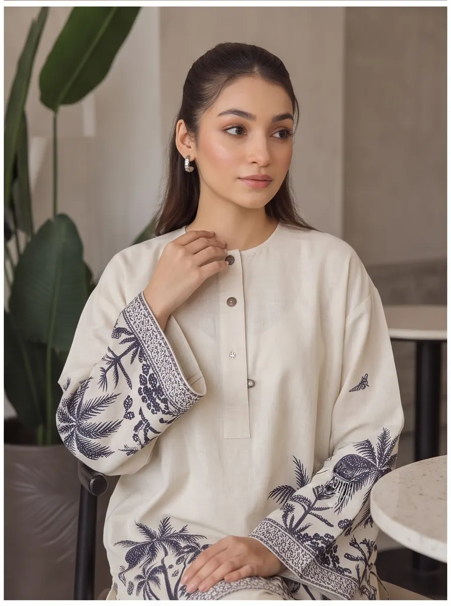 Cream Tropical Palm Tree Embroidered Cotton Straight Tunic and Pant Co-ord Set