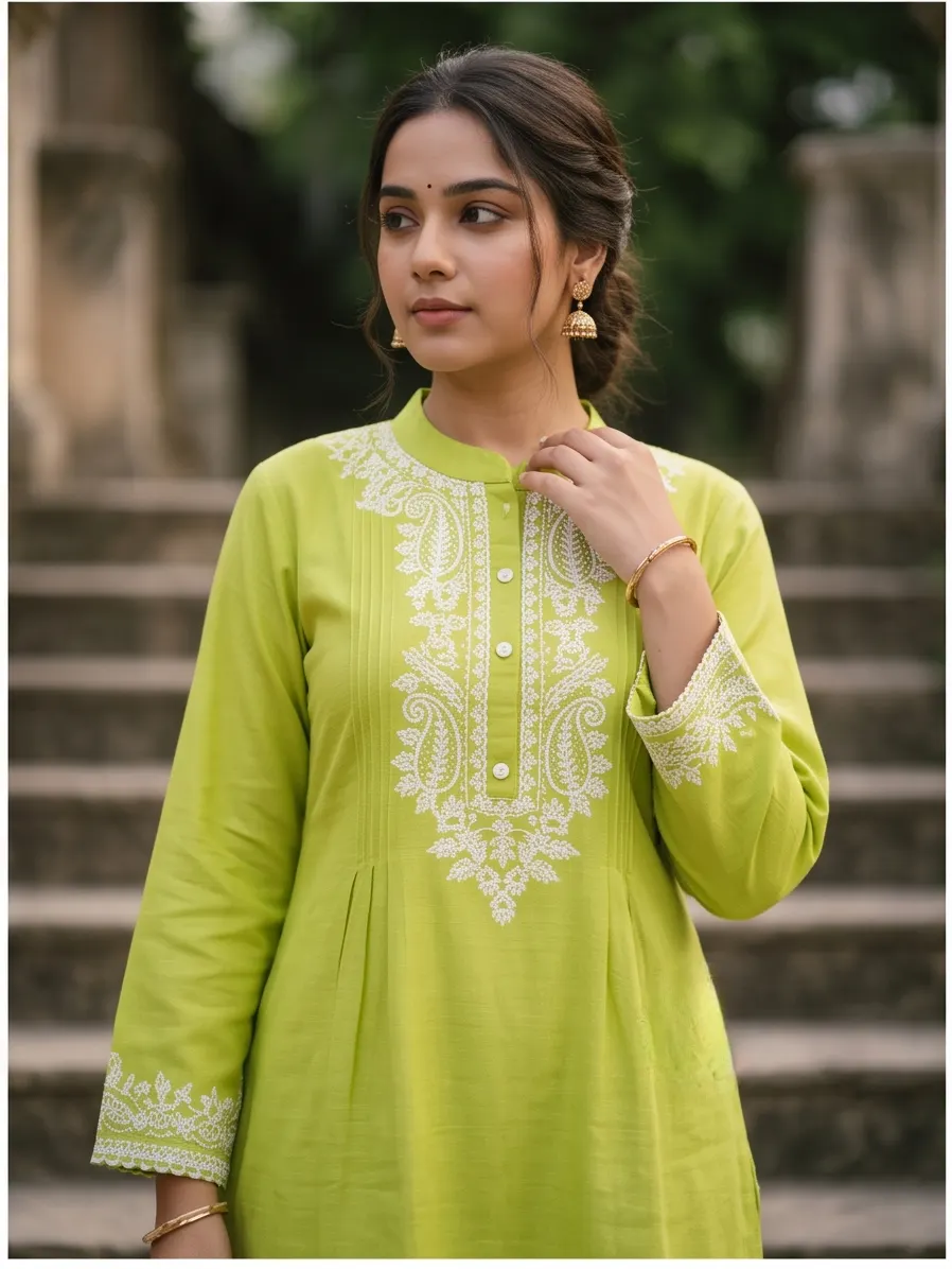 Lime Green Paisley Thread Embroidered Cotton Short Kurta and Pant Co-ord Set