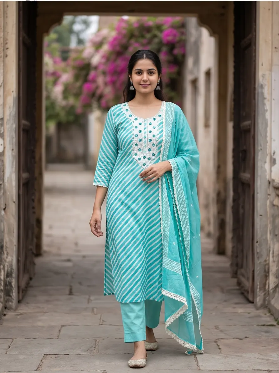 Teal Blue Striped Thread Embroidered Chanderi Silk Straight Kurta Pant Set with Lace Border Dupatta