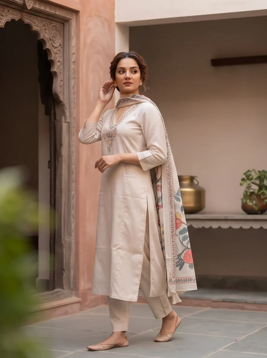 Beige Multicolour Floral Back Appliqué Zari Embroidered Chanderi Silk Straight Kurta Pant Set with Dupatta