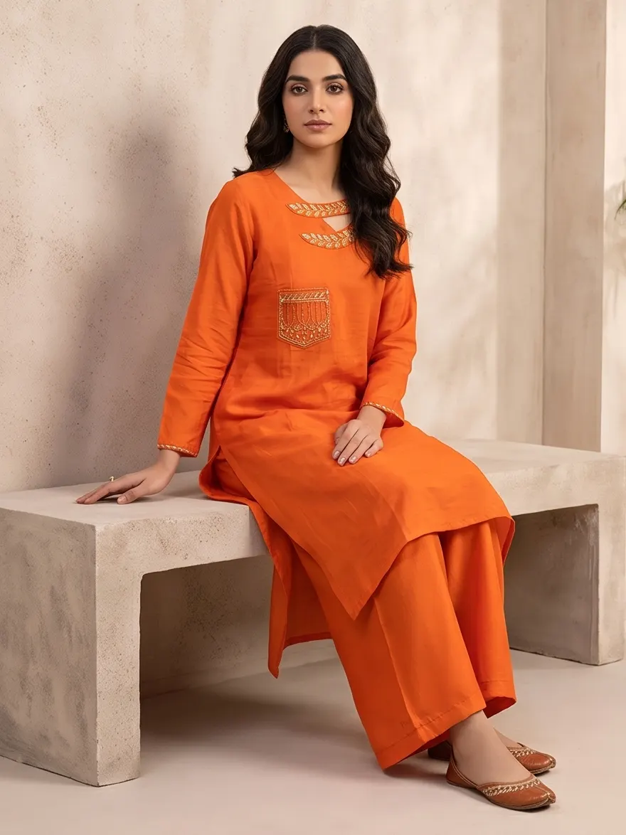 Rust Orange Cut-Out Neck Zari Embroidered Silk Straight Kurta and Palazzo Set