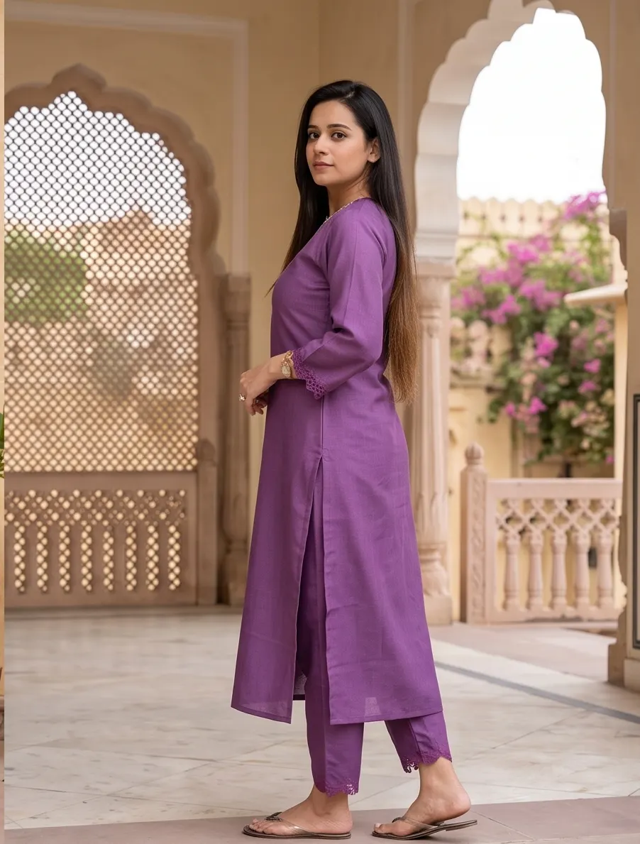 Purple Floral Embroidered Cotton Straight Kurta and Pant Set with Cutwork Hem