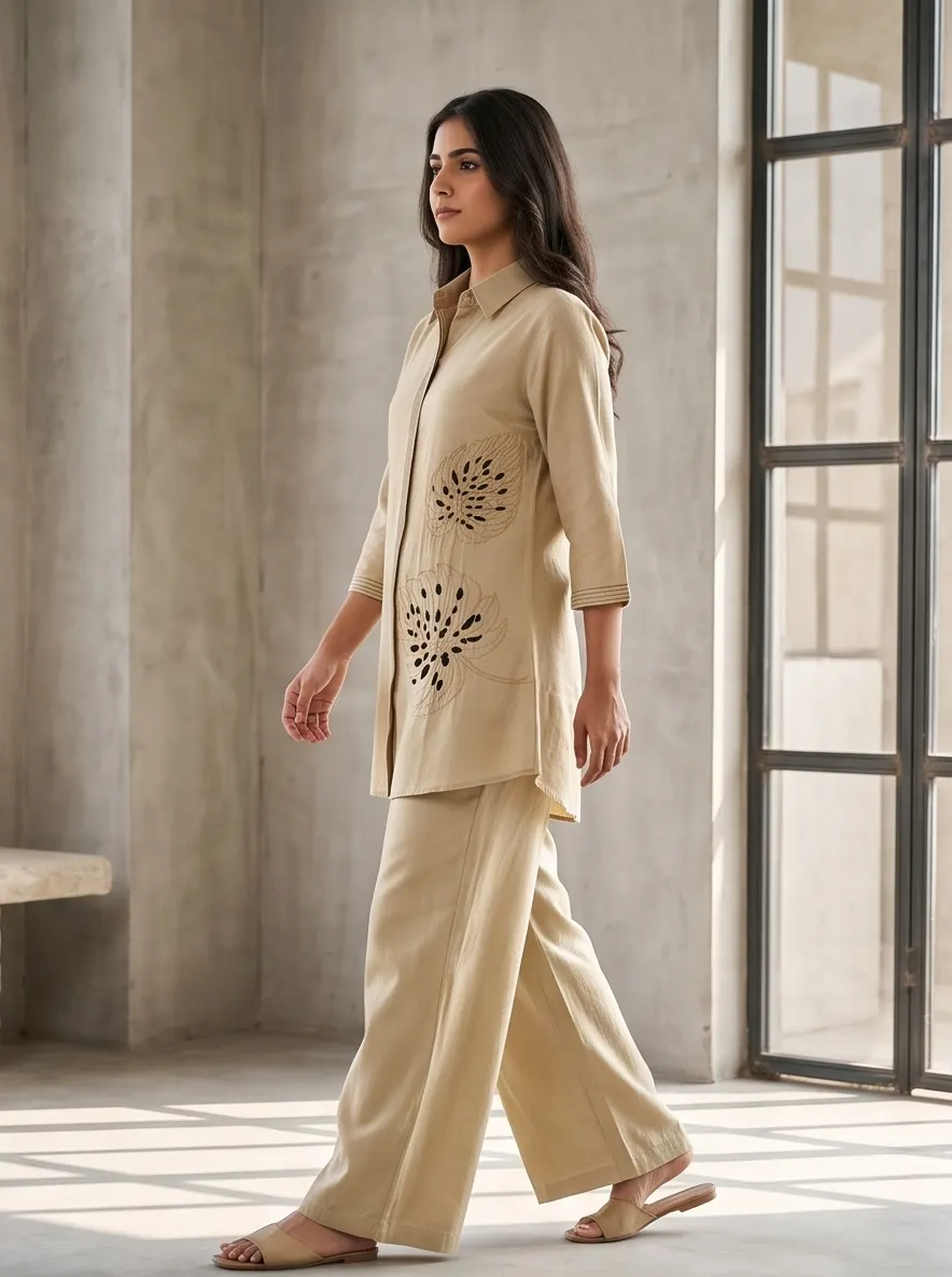 Light Brown Cutwork Embroidered Cotton Shirt Collar Tunic and Wide Leg Pant Co-ord Set