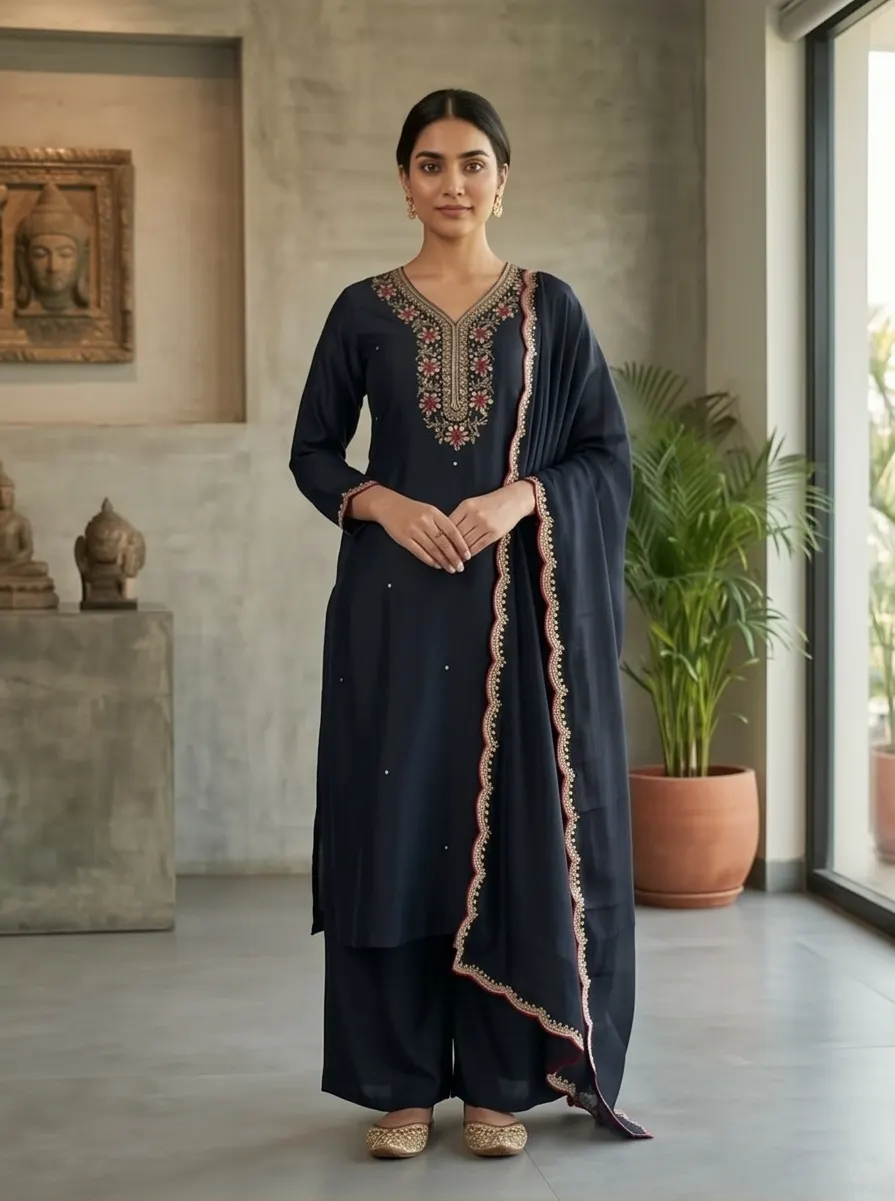 Midnight Blue Floral Neck Embroidered Silk Straight Kurta Palazzo Set with Scalloped Dupatta