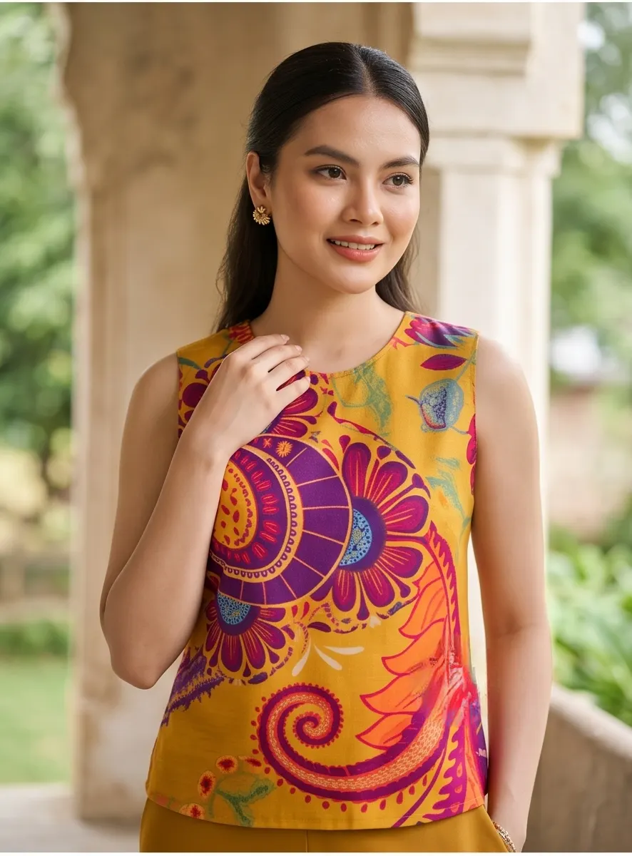 Mustard Yellow Paisley Print Sleeveless Top and Side-Button Palazzo Co-ord Set