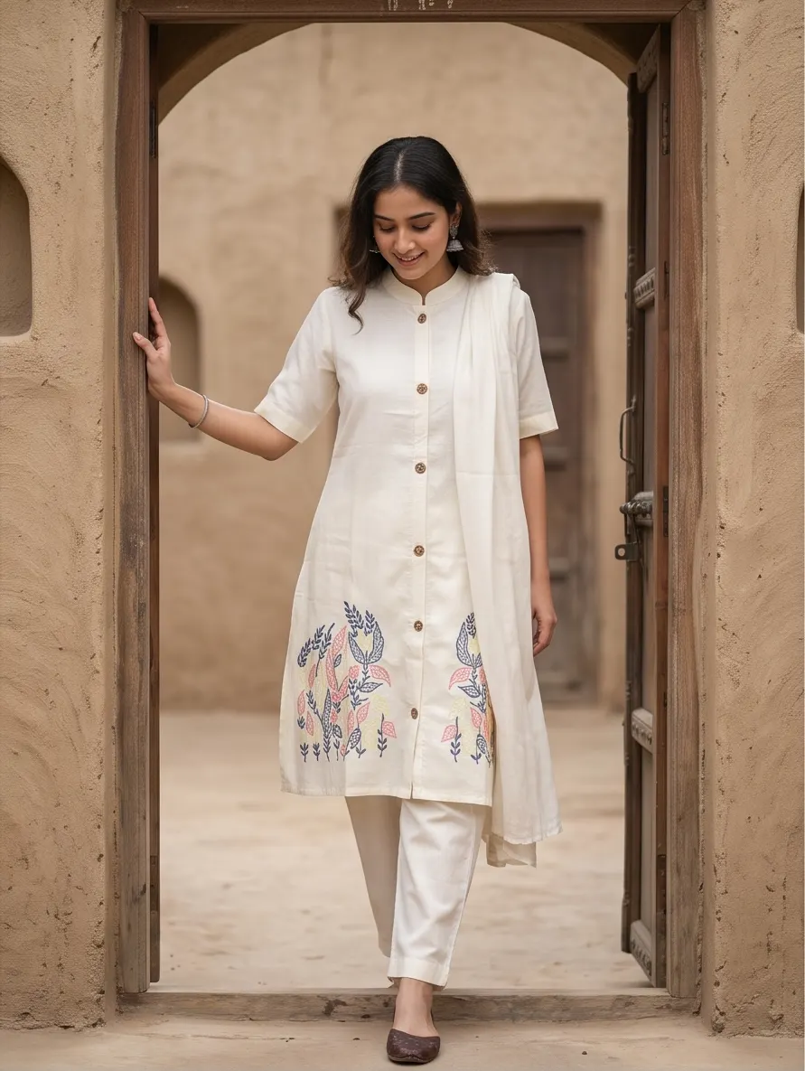 Off-White and Multicolour Floral Embroidered Cotton Mandarin Collar Straight Kurta and Pant Set with Dupatta