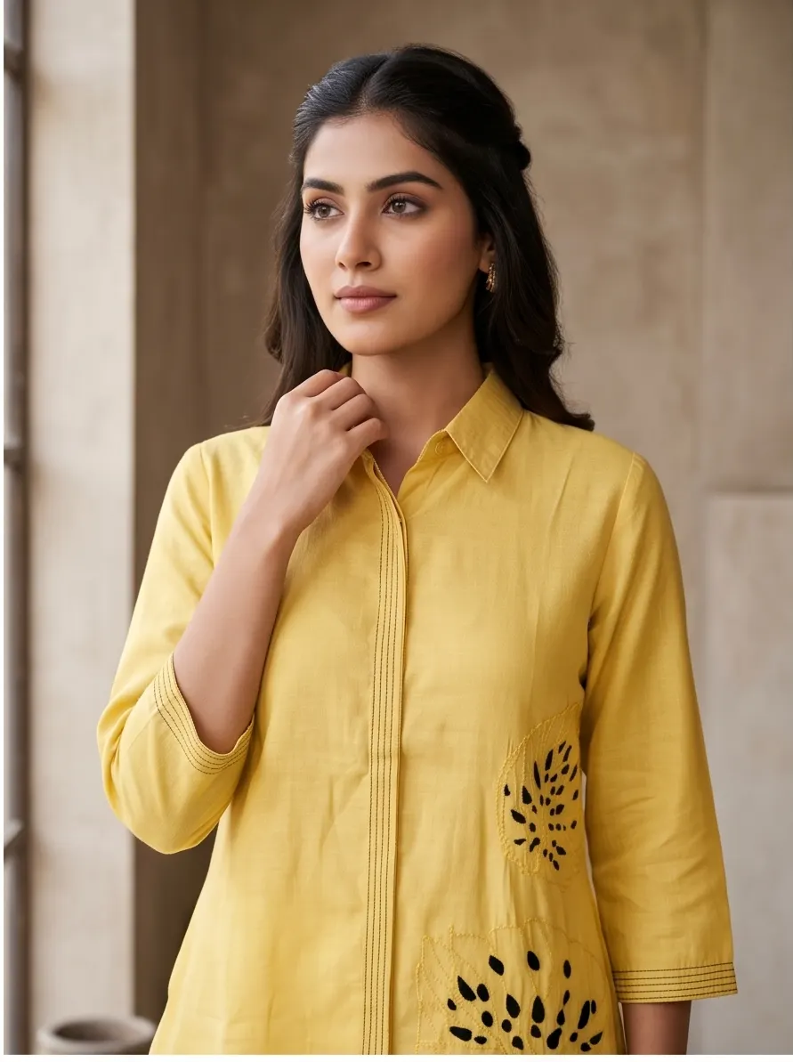 Yellow Cutwork Embroidered Cotton Shirt Collar Tunic and Wide Leg Pant Co-ord Set