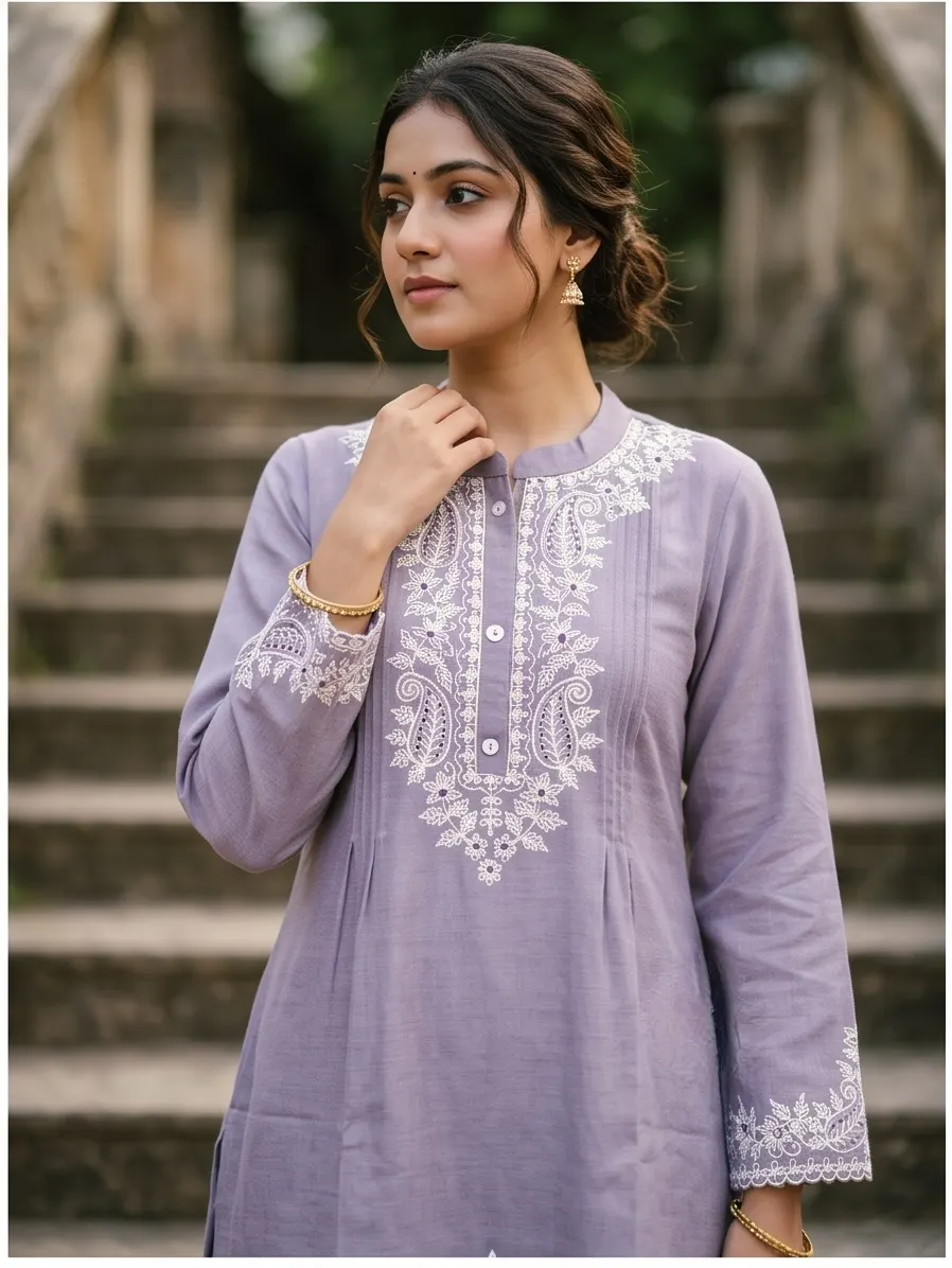 Lavender Paisley Thread Embroidered Cotton Short Kurta and Pant Co-ord Set