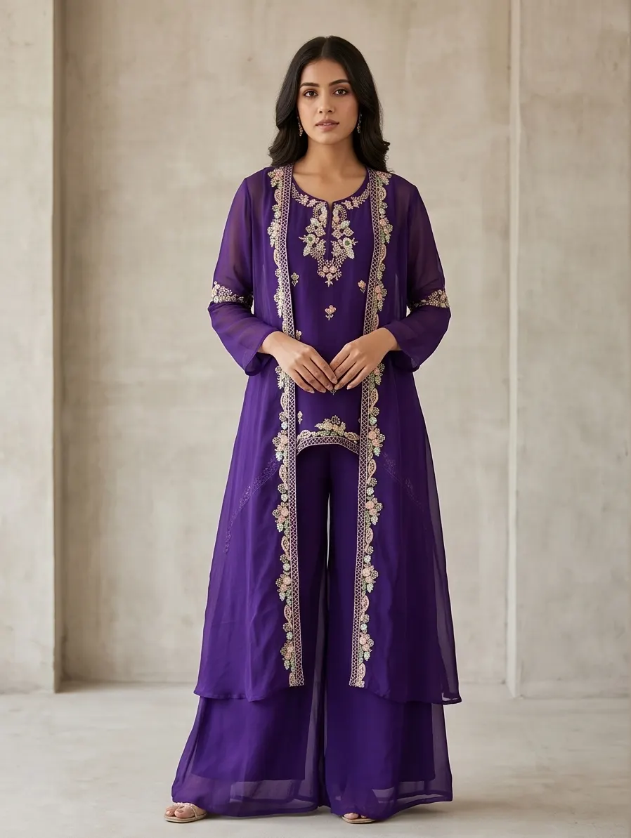 Purple Thread Embroidered Georgette Jacket Style Kurta Palazzo Set