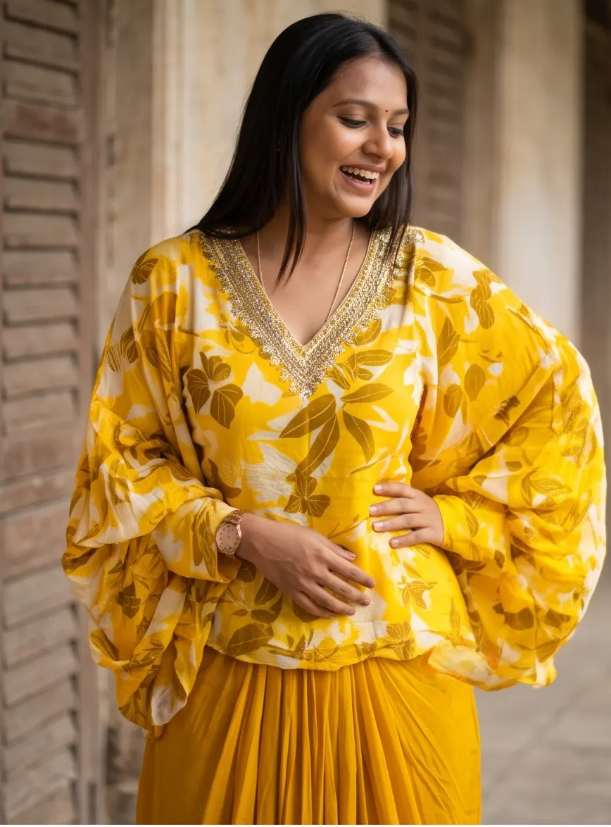 Mustard Yellow Floral Print Zari Embroidered Tiered Sleeve Top and Draped Dhoti Skirt Co-ord Set