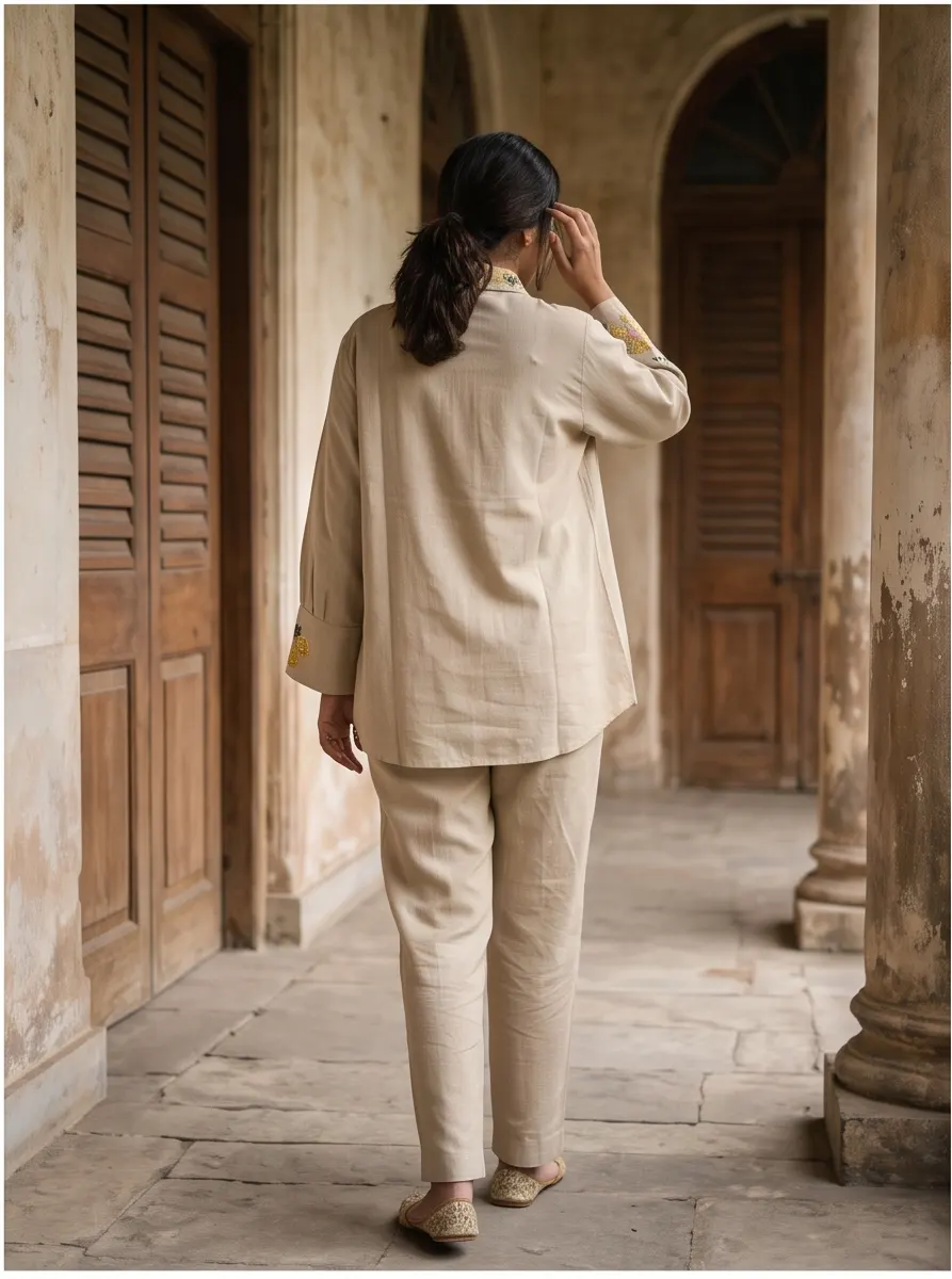 Beige Floral Thread Embroidered Cotton Shirt Collar Tunic and Pant Co-ord Set