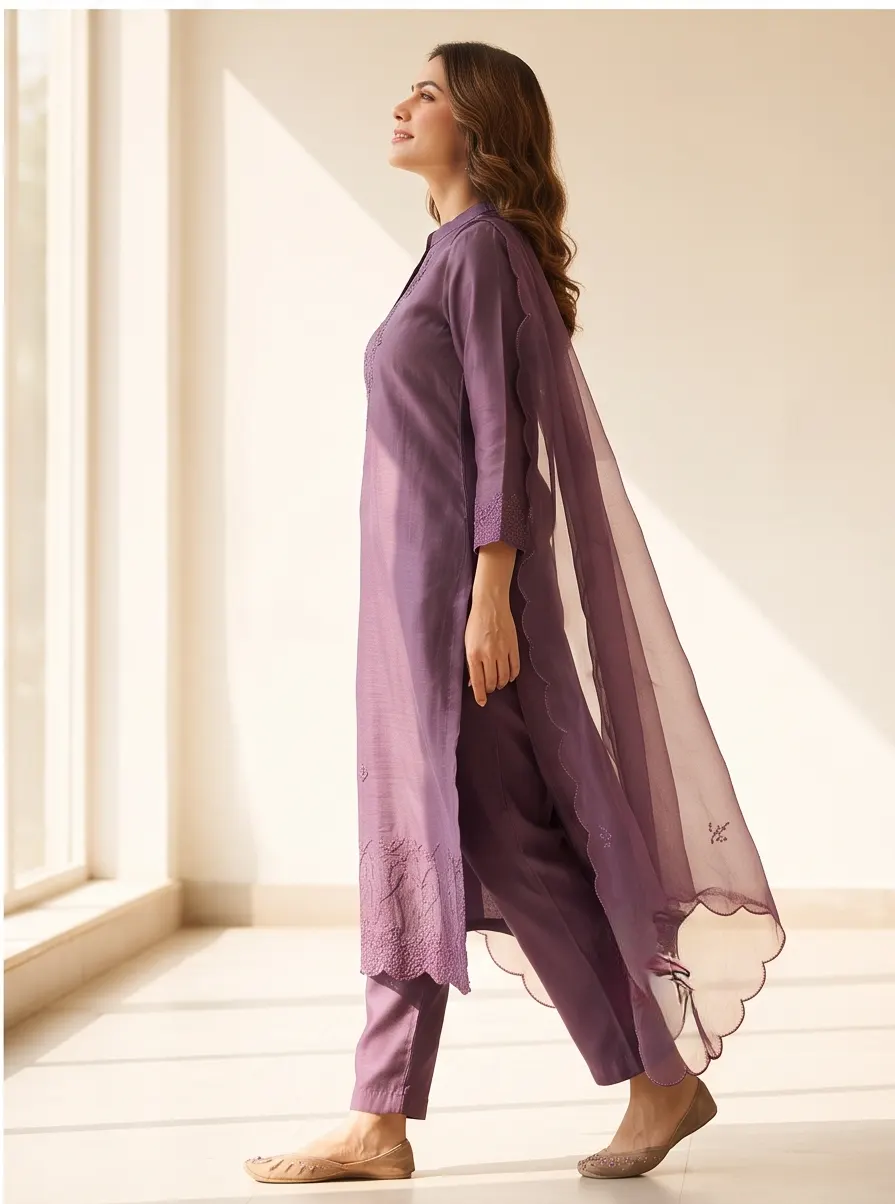Dusty Purple Thread Embroidered Chanderi Silk Straight Kurta Pant Set with Scalloped Organza Dupatta