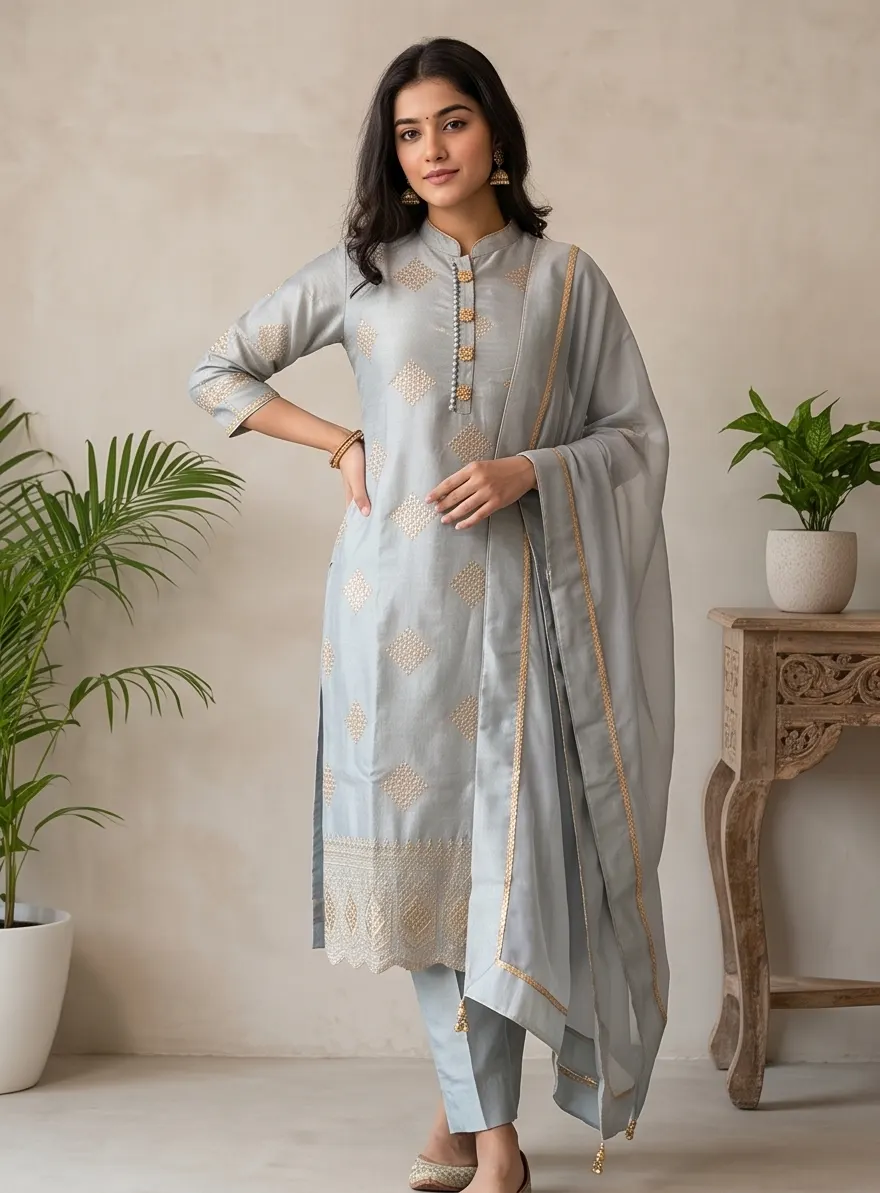Ice Blue Zari Embroidered Chanderi Silk Straight Kurta Pant Set with Dupatta