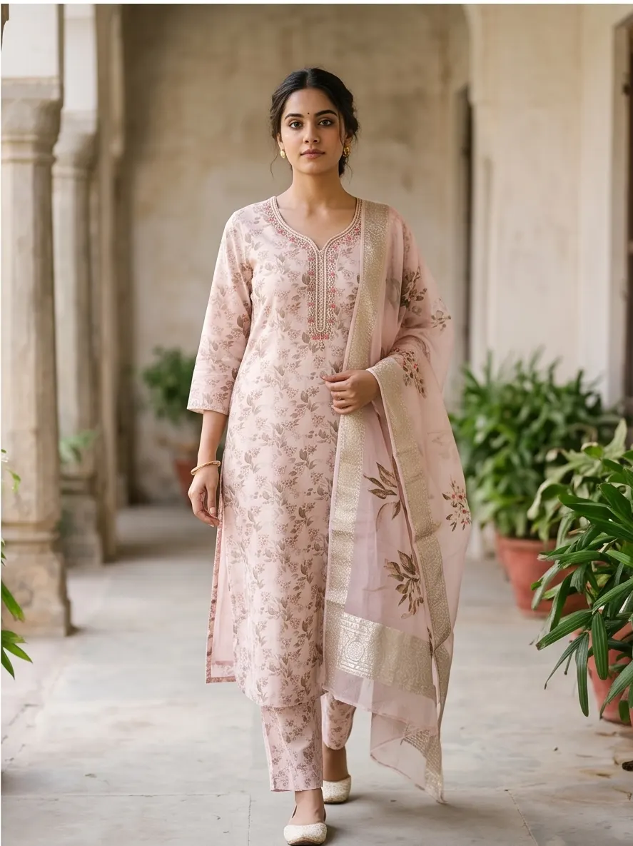 Blush Pink Floral Printed Zari Embroidered Chanderi Silk Straight Kurta Pant Set with Dupatta