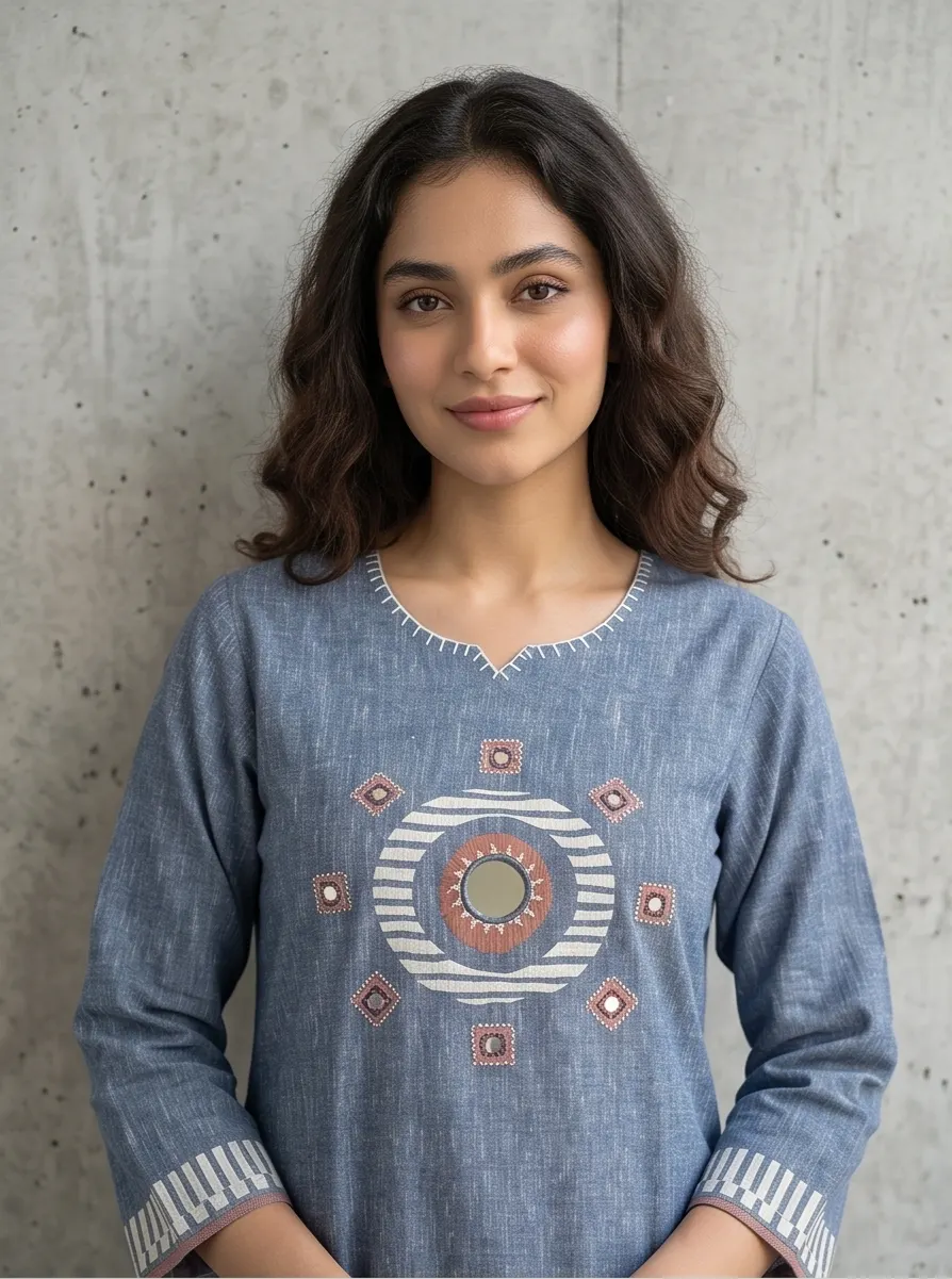 Slate Blue Embroidered Pure Cotton Straight Kurta Pant Set with Printed Dupatta