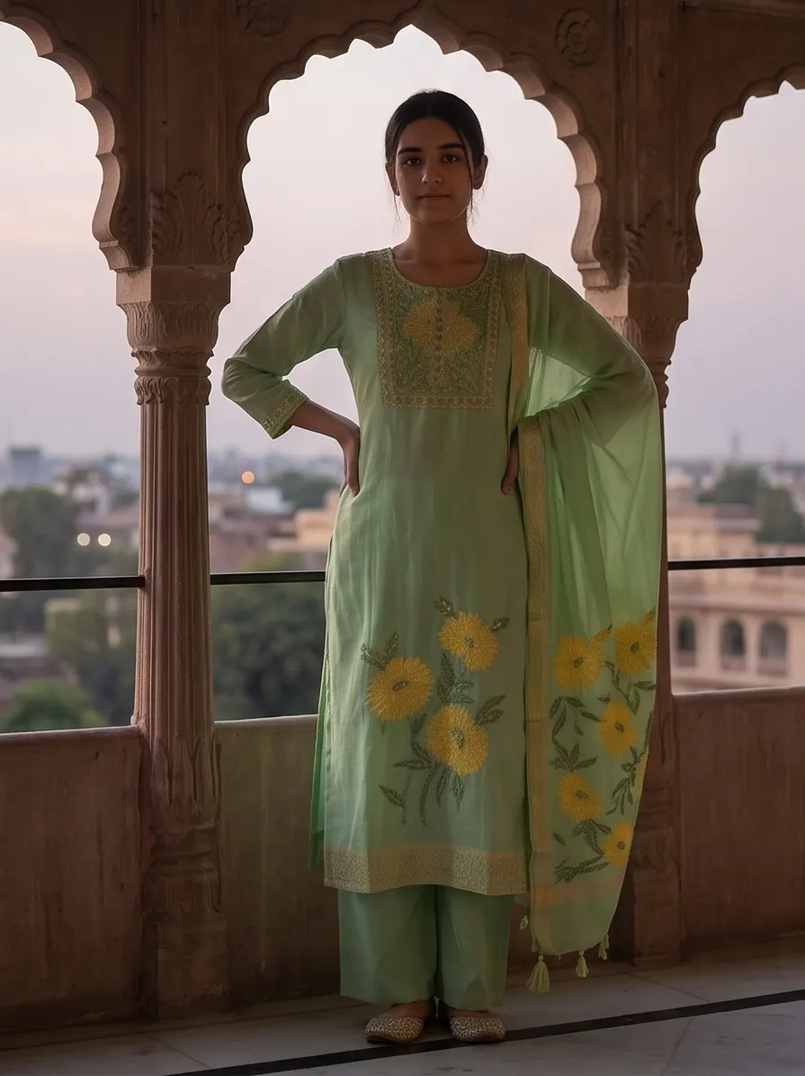 Mint Green Floral Embroidered Chanderi Silk Kurta Palazzo Set with Dupatta