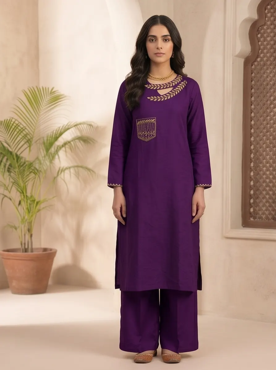 Deep Purple Cut-Out Neck Zari Embroidered Silk Straight Kurta and Palazzo Set