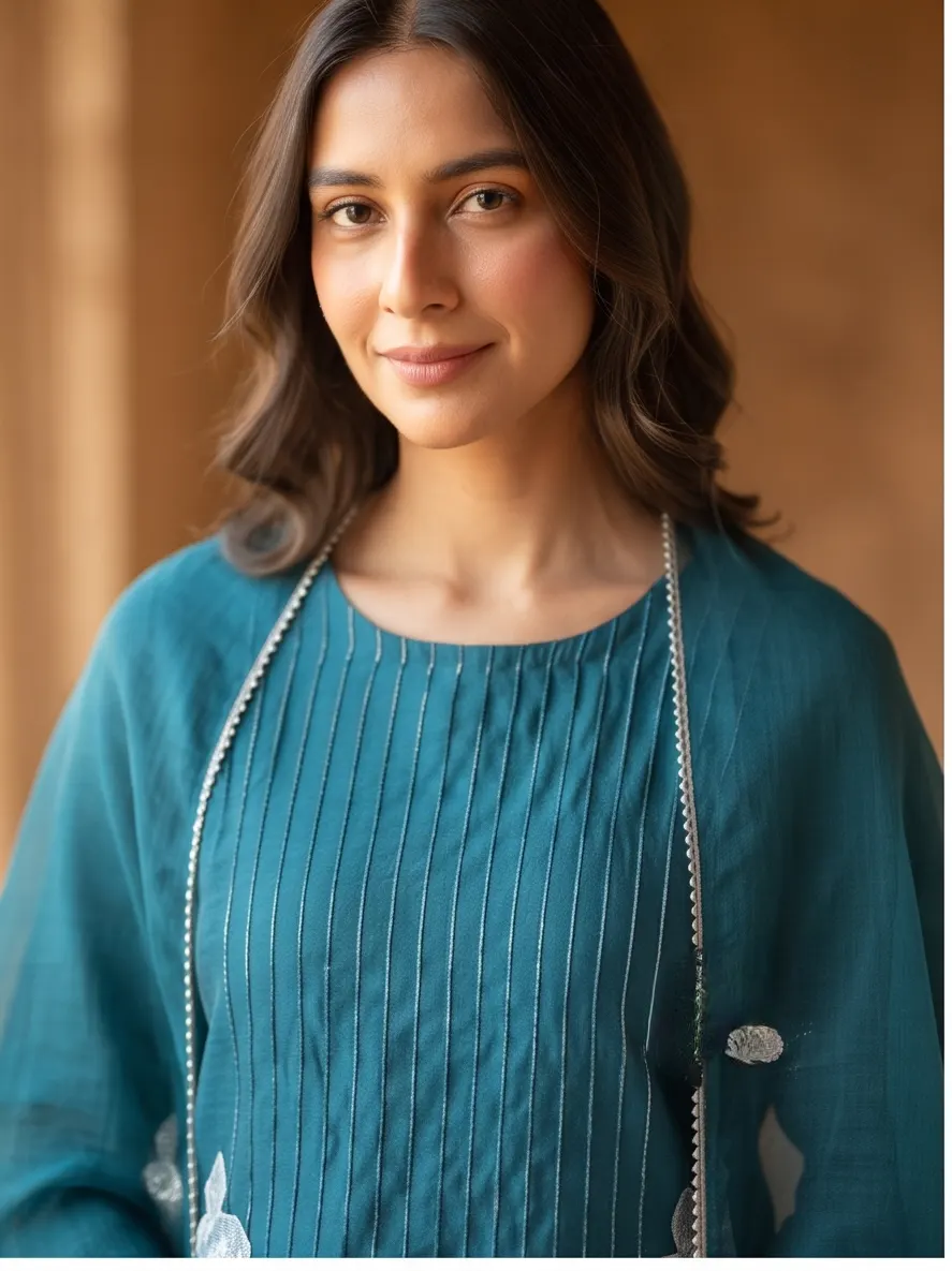 Teal Blue Floral Appliqué Zari Embroidered Chanderi Silk Straight Kurta Pant Set with Organza Dupatta