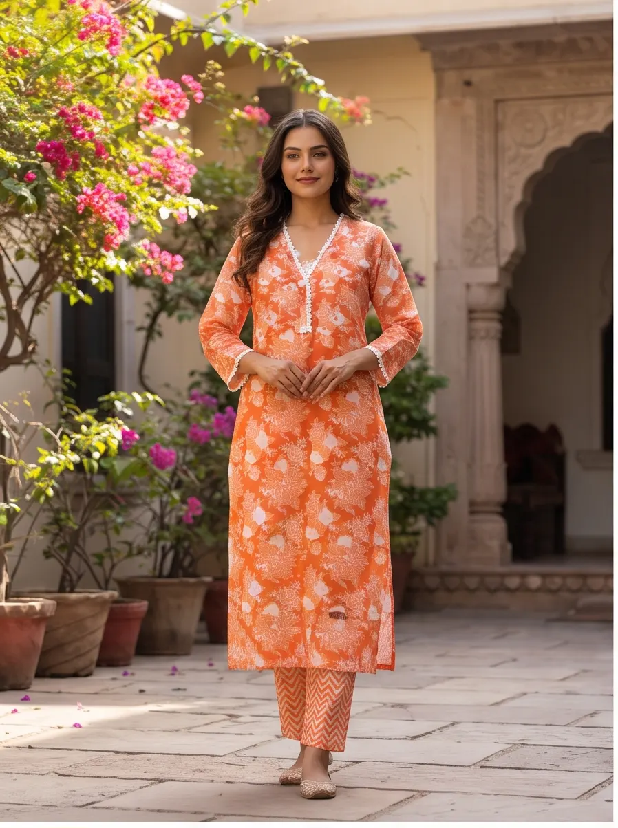 Bright Orange Floral Print Cotton V-Neck Straight Kurta and Chevron Pant Set with Lace Trim