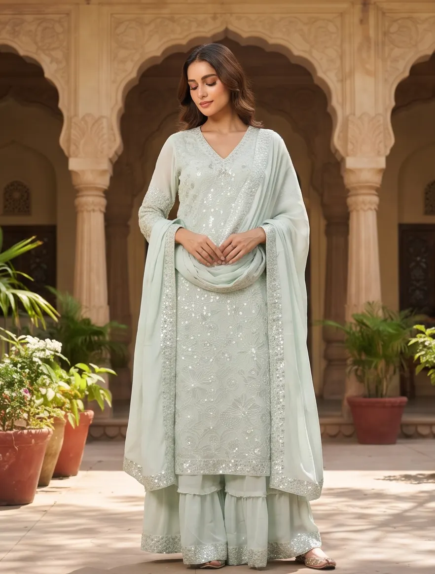 Mint Green Sequined Georgette V-Neck Straight Kurta and Flared Palazzo Set with Dupatta