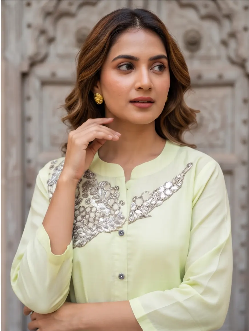 Pistachio Green Zari and Seaks Embroidered Cotton Shirt Collar Tunic and Pant Co-ord Set