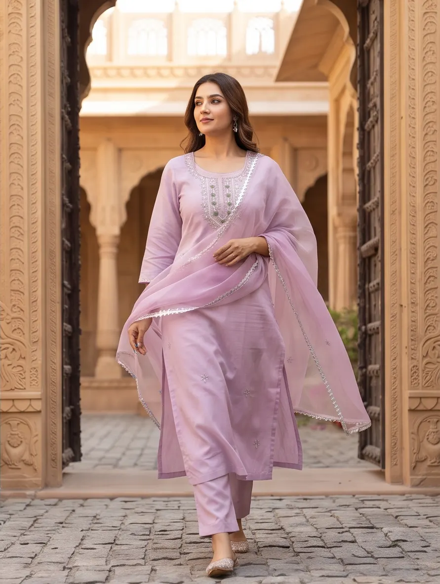 Lavender Yoke Zari Embroidered Chanderi Silk Straight Kurta Pant Set with Scalloped Organza Dupatta