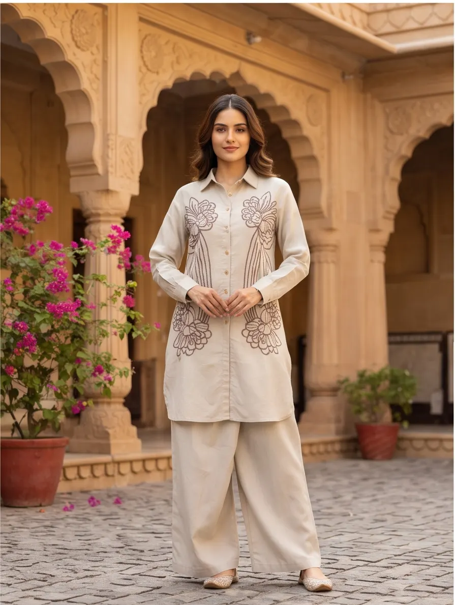 Beige Floral Thread Embroidered Cotton Shirt Collar Tunic and Pant Co-ord Set