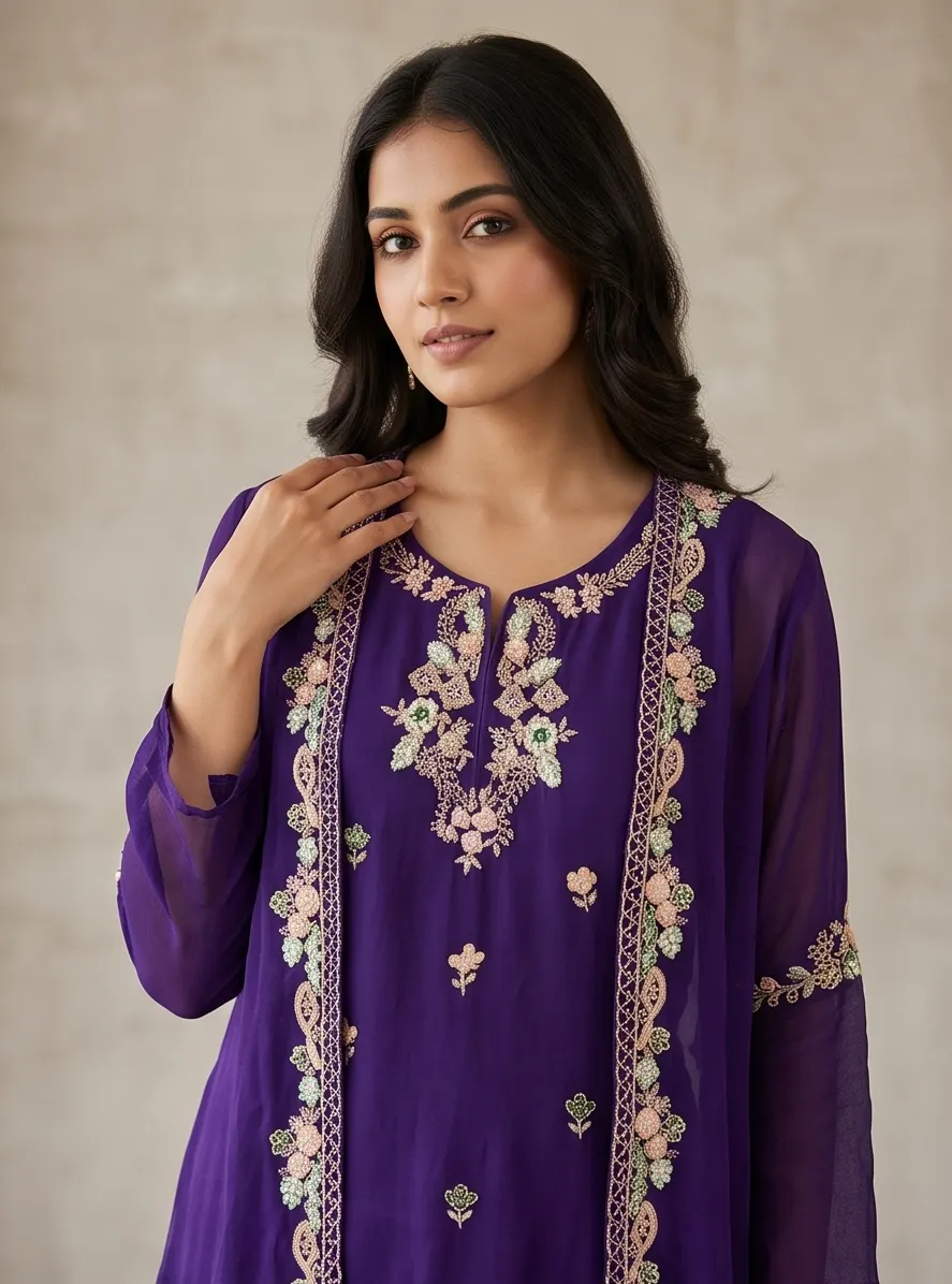 Purple Thread Embroidered Georgette Jacket Style Kurta Palazzo Set