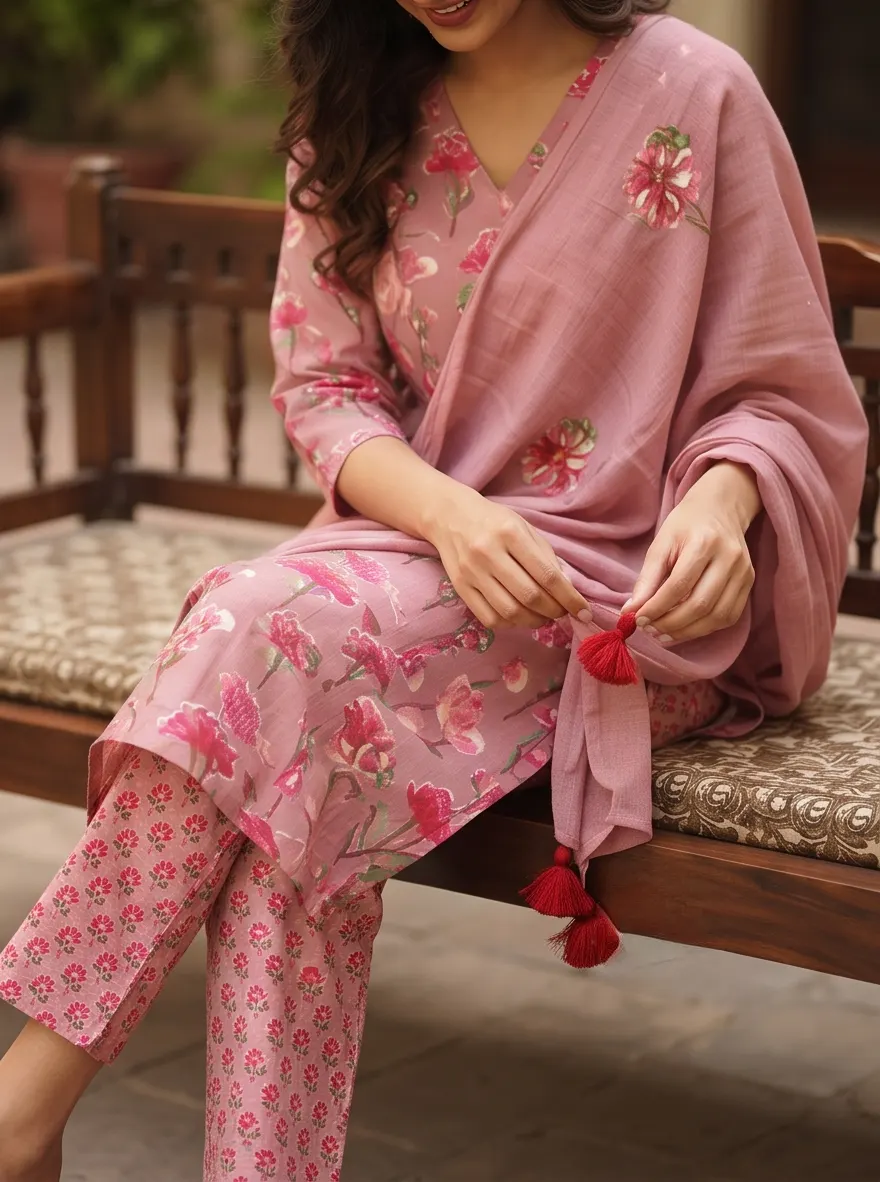 Mauve Pink Floral Print Chanderi Silk Straight Kurta Pant Set with Tasselled Dupatta