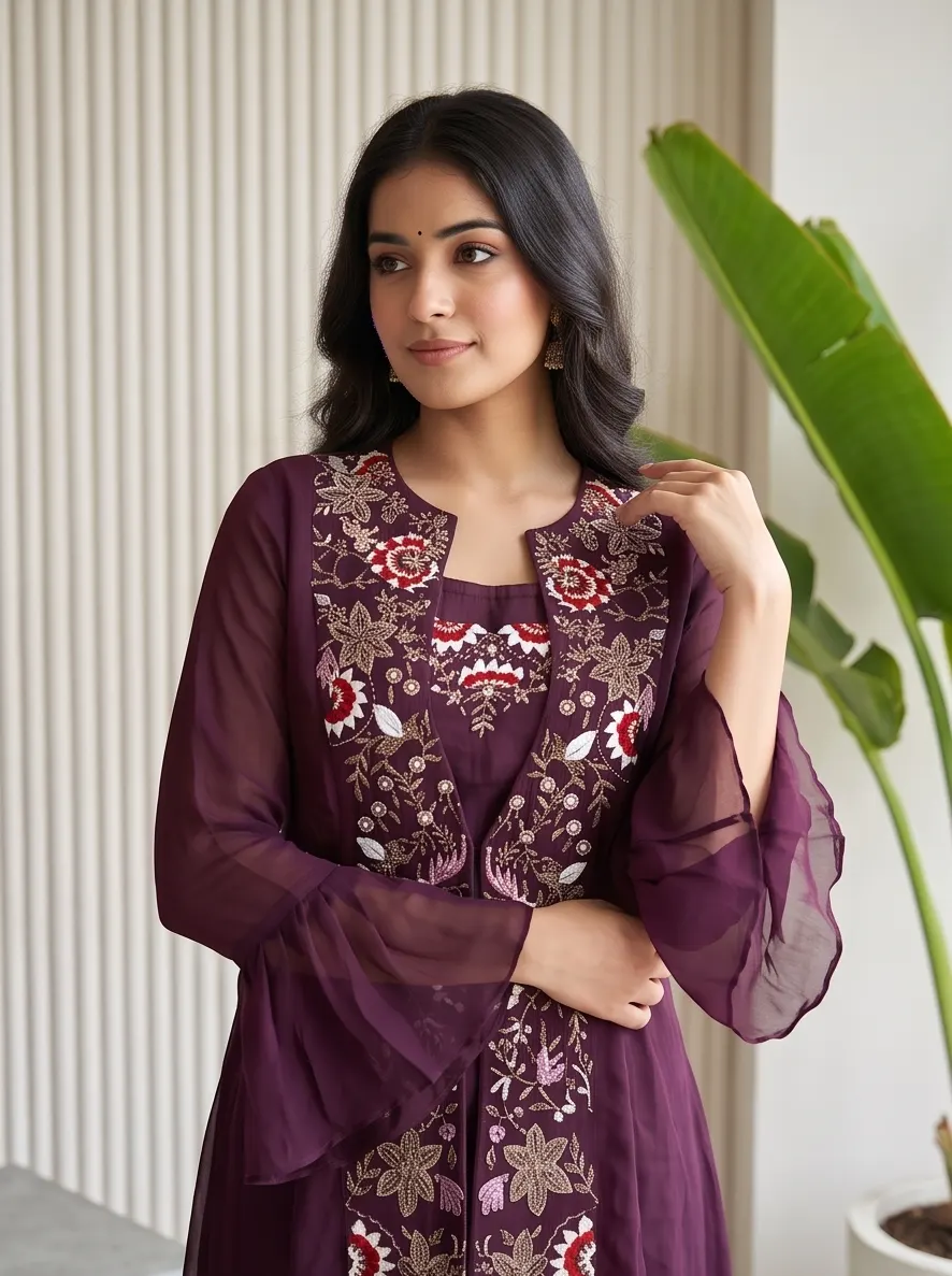 Wine Floral Embroidered Georgette Long Jacket Crop Top and Flared Palazzo Co-ord Set