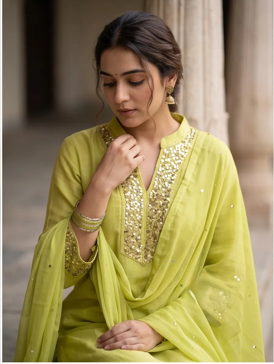 Lime Green Sequin Embroidered Silk Straight Kurta Set with Dupatta