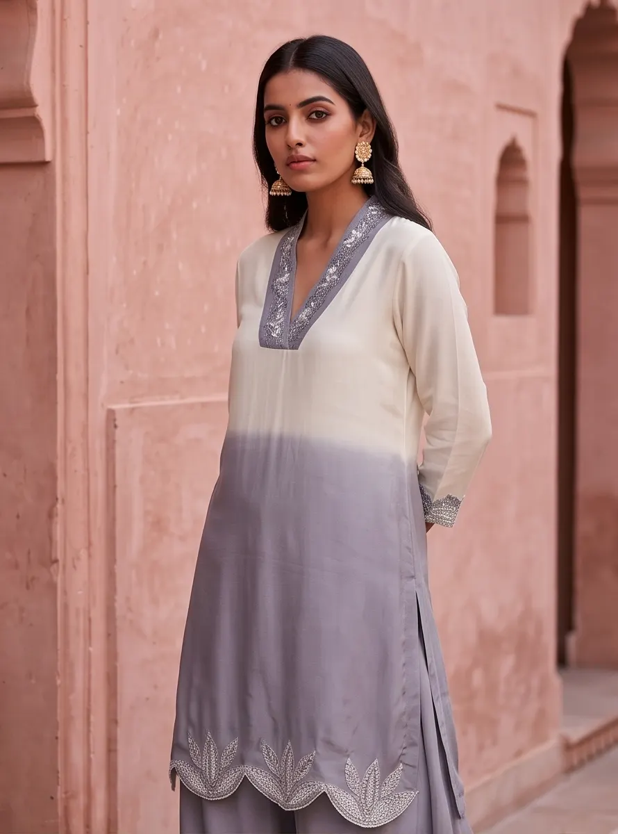Off-White and Grey Ombre Embroidered Silk Straight Kurta Palazzo Set