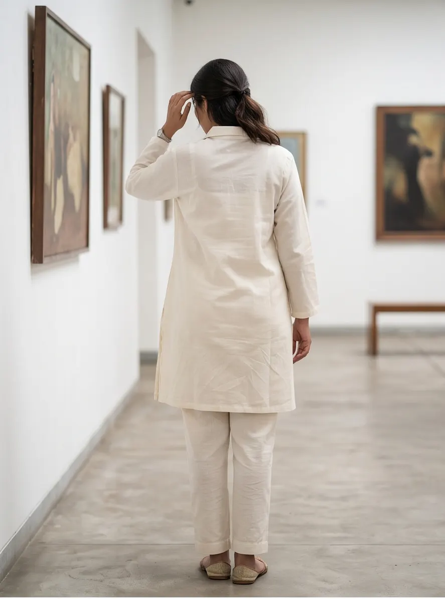 Off-White Multicolour Floral Embroidered Cotton Notch Collar Tunic and Pant Co-ord Set