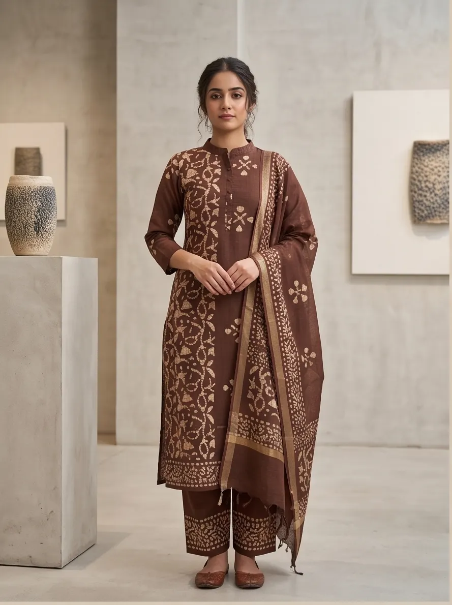 Dark Brown Batik Print Pure Cotton Straight Kurta Pant Set with Dupatta