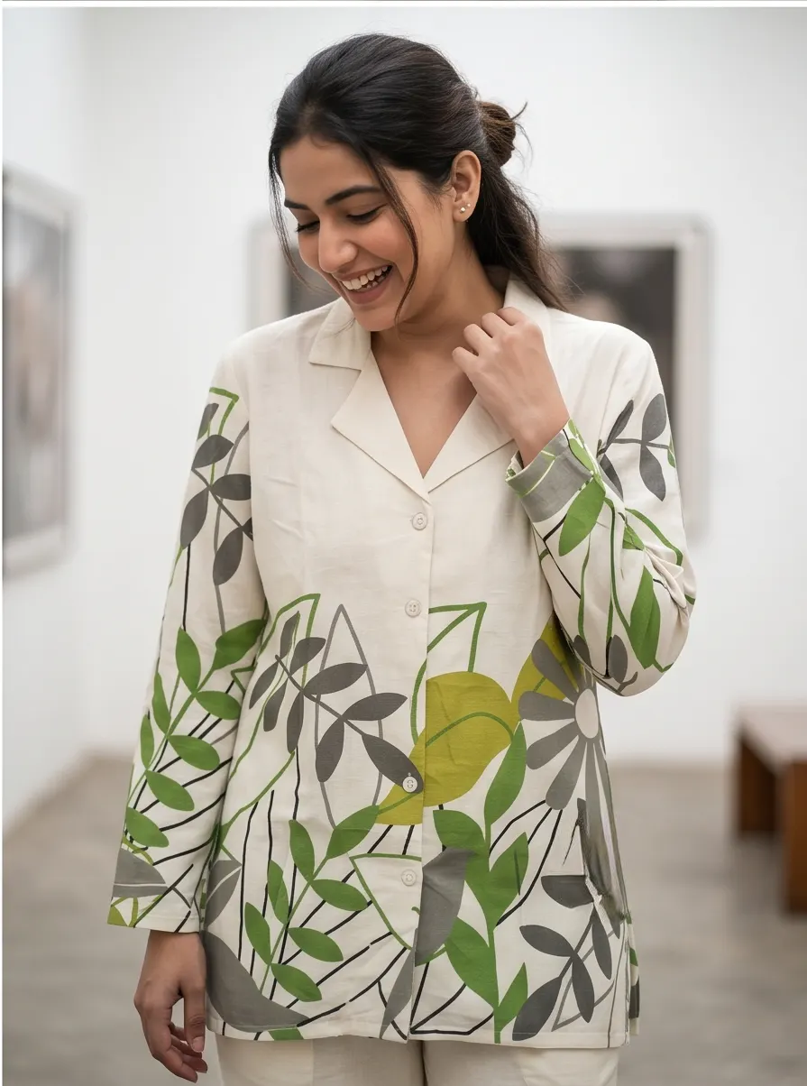 Off-White Olive Green Botanical Leaf Print Cotton Lapel Collar Tunic and Pant Co-ord Set